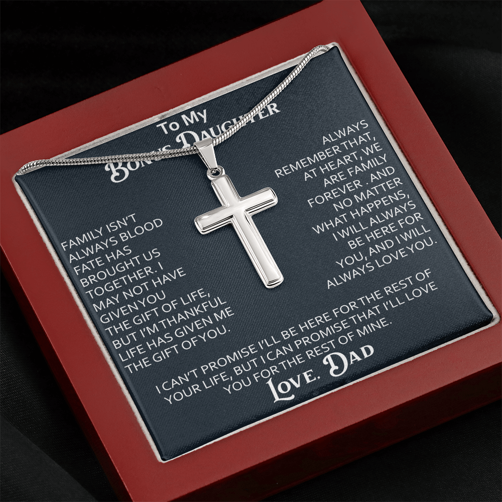 To My Bonus Daughter Artisan Cross Necklace Meaningful Gift from Dad, Stepdaughter Heart Family Love Jewelry