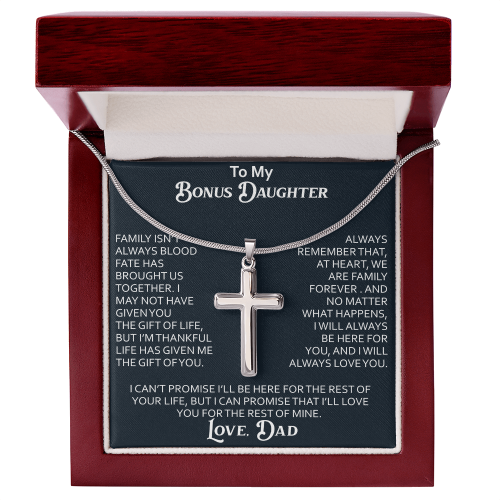 To My Bonus Daughter Artisan Cross Necklace Meaningful Gift from Dad, Stepdaughter Heart Family Love Jewelry