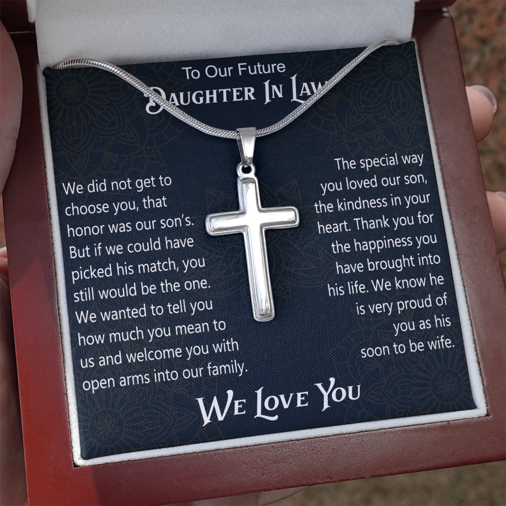 To Our Future Daughter In Law Artisan Cross Necklace Gift for Birthday Wedding Christmas or any Special Occasion.