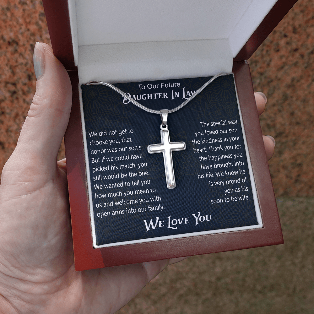 To Our Future Daughter In Law Artisan Cross Necklace Gift for Birthday Wedding Christmas or any Special Occasion.