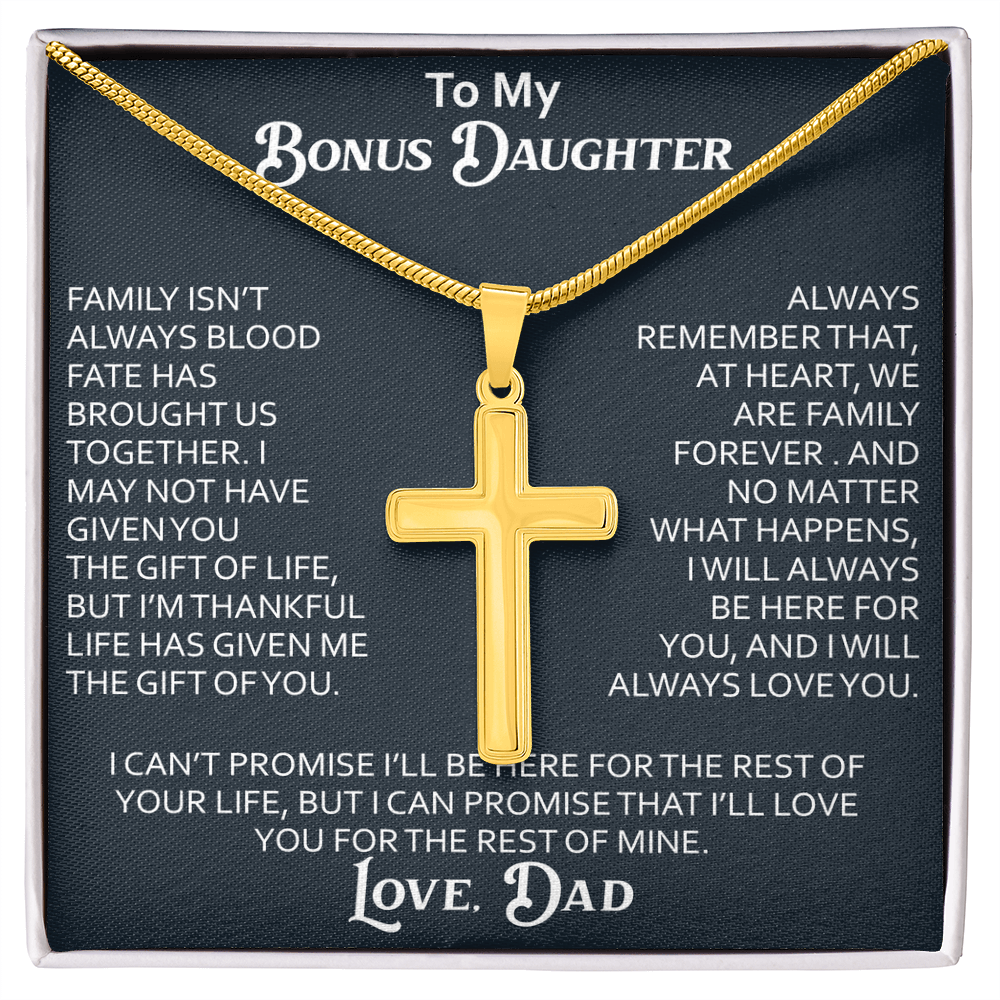To My Bonus Daughter Artisan Cross Necklace Meaningful Gift from Dad, Stepdaughter Heart Family Love Jewelry
