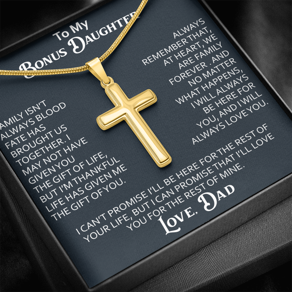 To My Bonus Daughter Artisan Cross Necklace Meaningful Gift from Dad, Stepdaughter Heart Family Love Jewelry