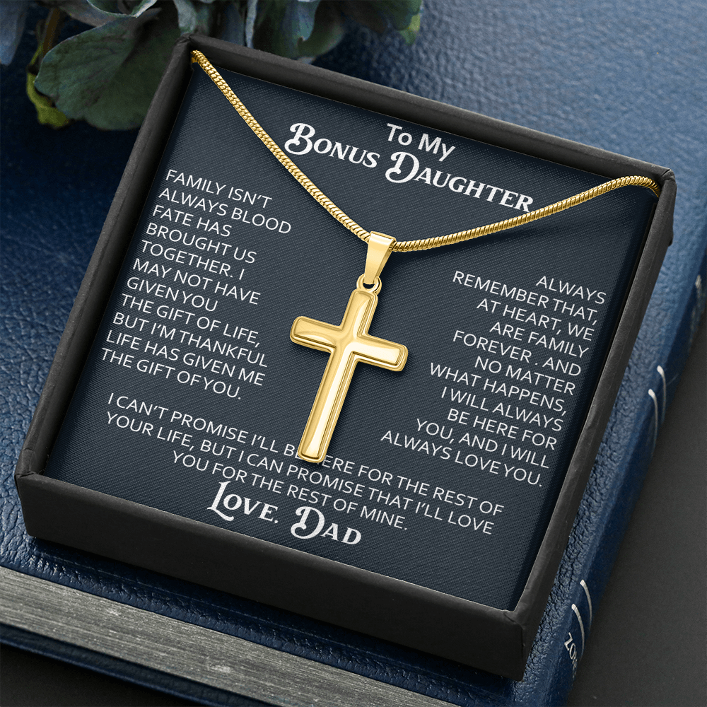 To My Bonus Daughter Artisan Cross Necklace Meaningful Gift from Dad, Stepdaughter Heart Family Love Jewelry