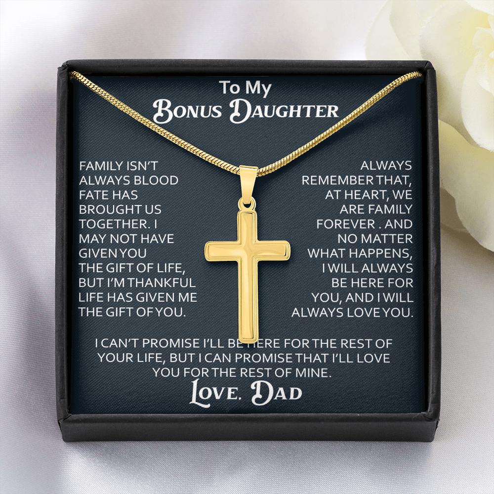 To My Bonus Daughter Artisan Cross Necklace Meaningful Gift from Dad, Stepdaughter Heart Family Love Jewelry
