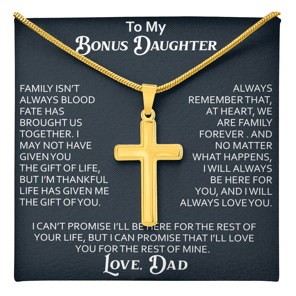 To My Bonus Daughter Artisan Cross Necklace Meaningful Gift from Dad, Stepdaughter Heart Family Love Jewelry