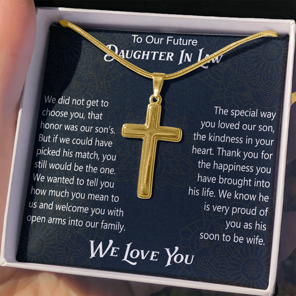 To Our Future Daughter In Law Artisan Cross Necklace Gift for Birthday Wedding Christmas or any Special Occasion.