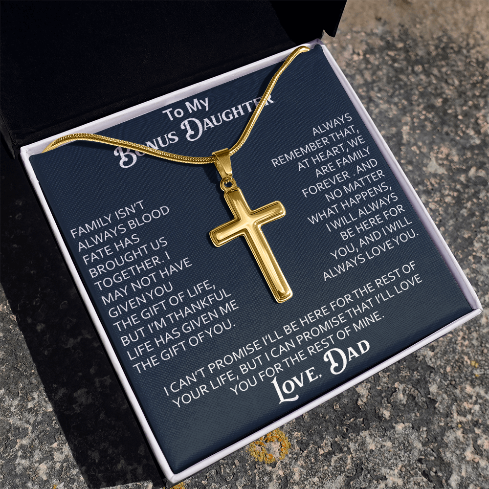 To My Bonus Daughter Artisan Cross Necklace Meaningful Gift from Dad, Stepdaughter Heart Family Love Jewelry