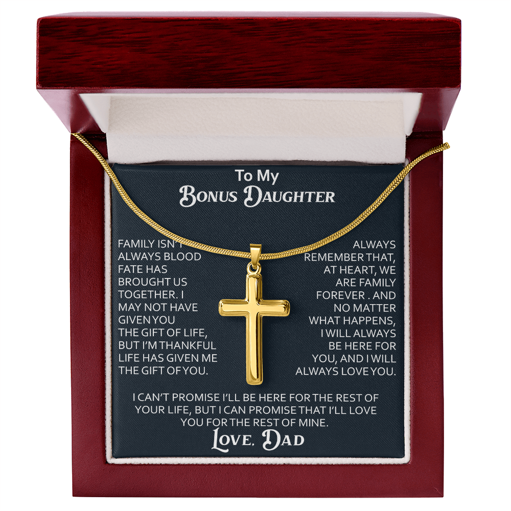 To My Bonus Daughter Artisan Cross Necklace Meaningful Gift from Dad, Stepdaughter Heart Family Love Jewelry