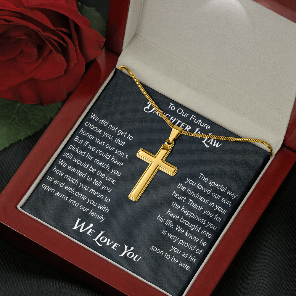 To Our Future Daughter In Law Artisan Cross Necklace Gift for Birthday Wedding Christmas or any Special Occasion.