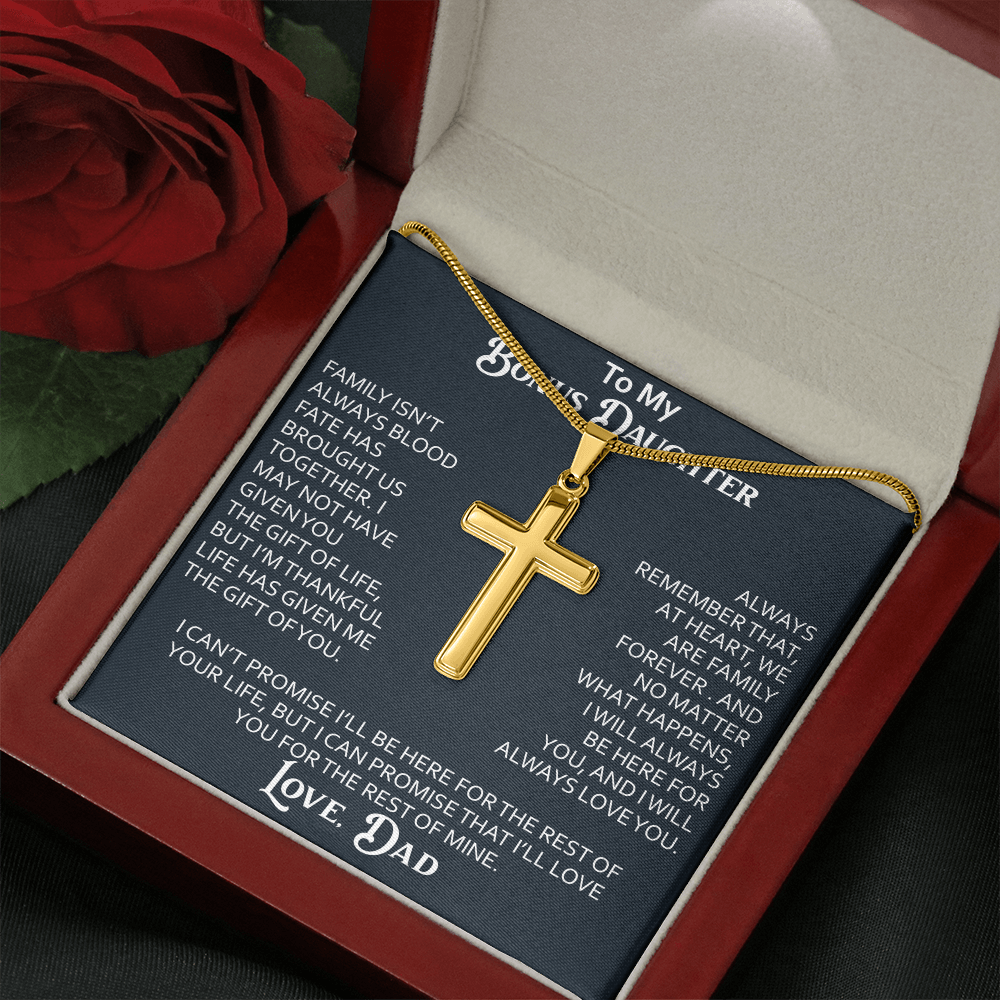 To My Bonus Daughter Artisan Cross Necklace Meaningful Gift from Dad, Stepdaughter Heart Family Love Jewelry