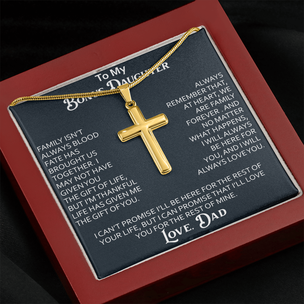 To My Bonus Daughter Artisan Cross Necklace Meaningful Gift from Dad, Stepdaughter Heart Family Love Jewelry