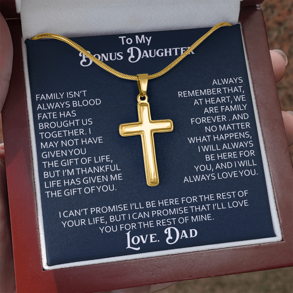 To My Bonus Daughter Artisan Cross Necklace Meaningful Gift from Dad, Stepdaughter Heart Family Love Jewelry