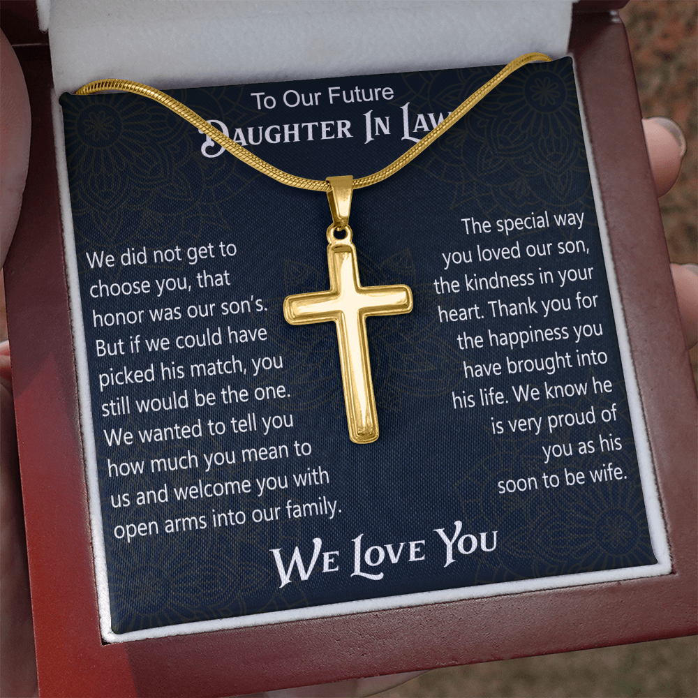 To Our Future Daughter In Law Artisan Cross Necklace Gift for Birthday Wedding Christmas or any Special Occasion.