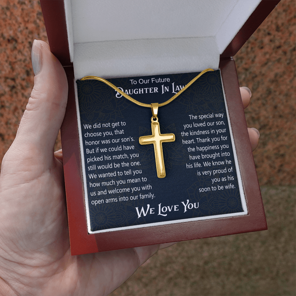 To Our Future Daughter In Law Artisan Cross Necklace Gift for Birthday Wedding Christmas or any Special Occasion.