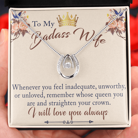 To My Badass Wife Gift - Lucky in Love Necklace With Inspirational Message Card for Valentine, Mother Day or any Special Occasion