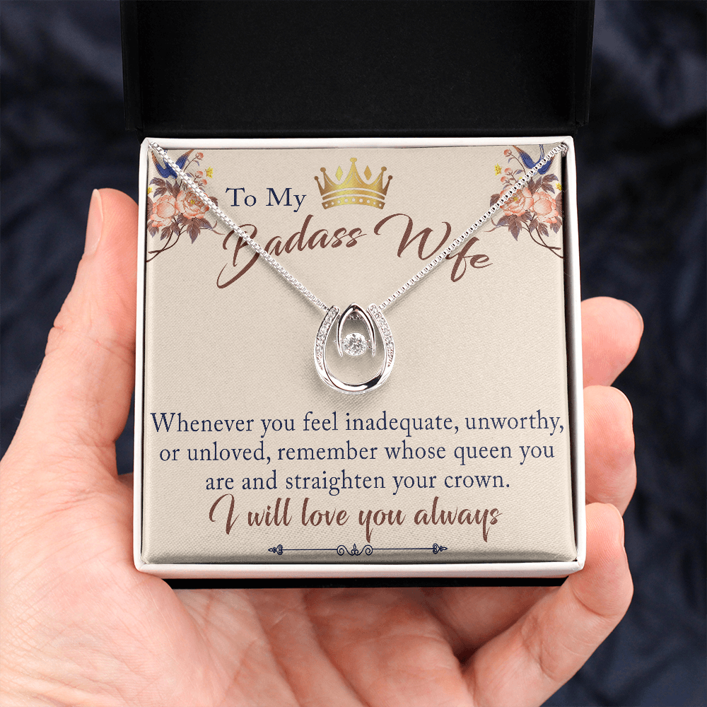 To My Badass Wife Gift - Lucky in Love Necklace With Inspirational Message Card for Valentine, Mother Day or any Special Occasion