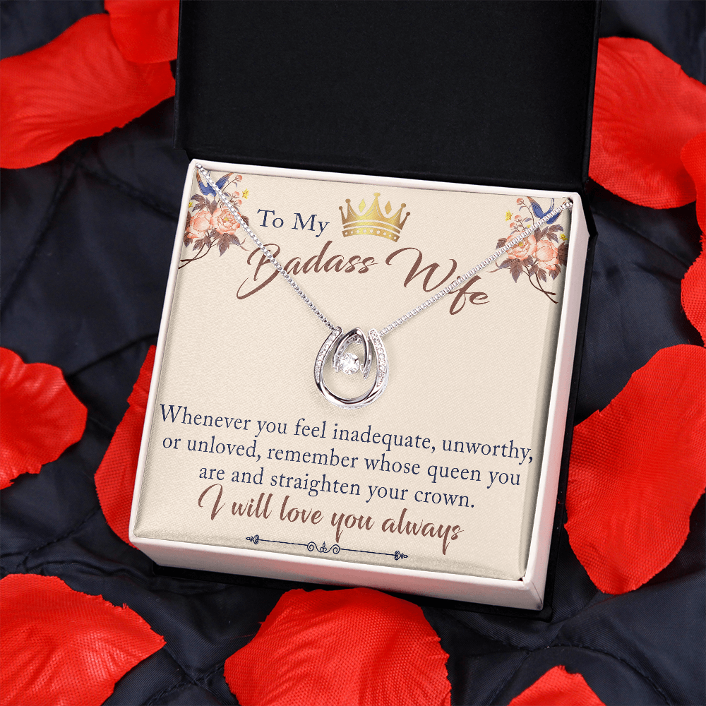 To My Badass Wife Gift - Lucky in Love Necklace With Inspirational Message Card for Valentine, Mother Day or any Special Occasion