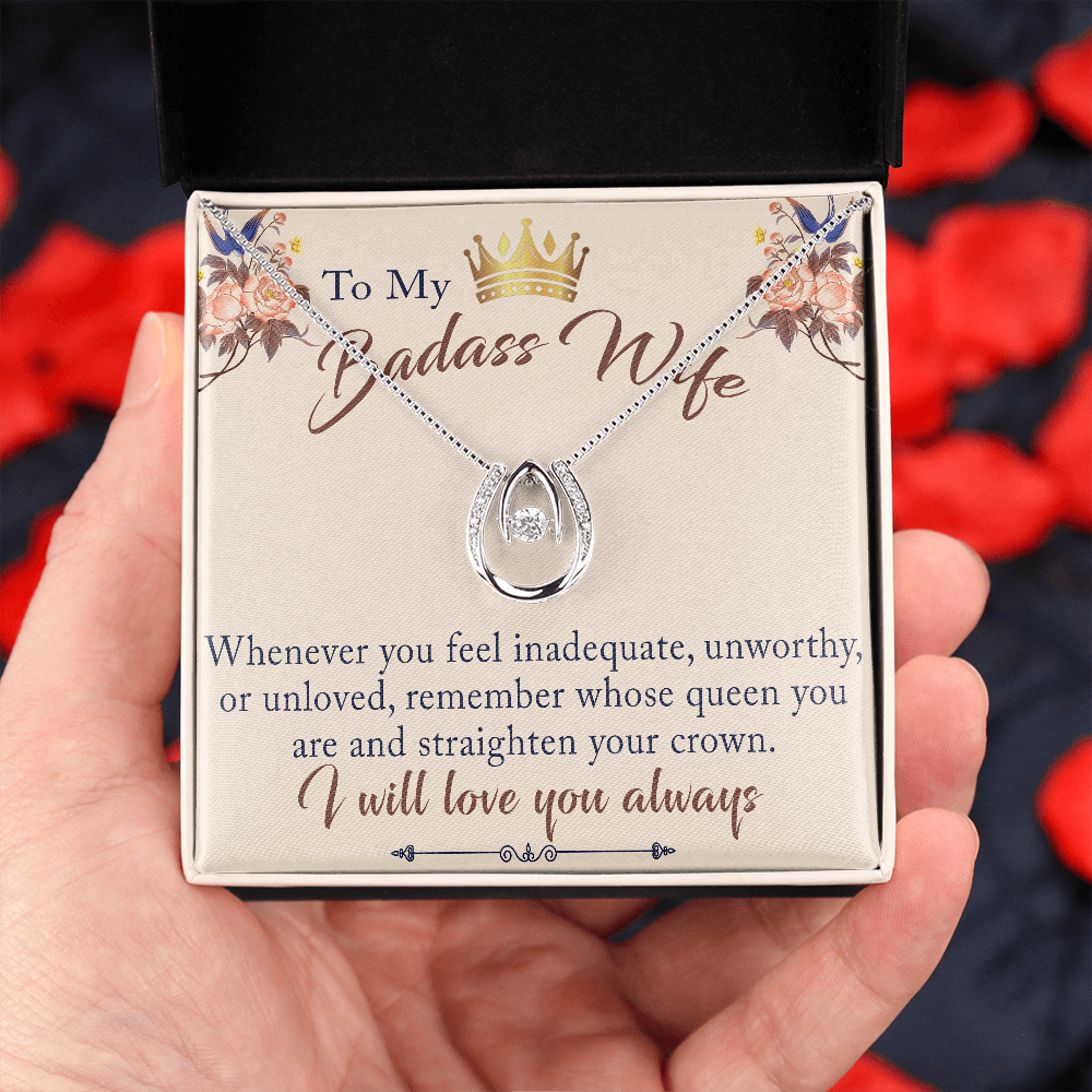 To My Badass Wife Gift - Lucky in Love Necklace With Inspirational Message Card for Valentine, Mother Day or any Special Occasion