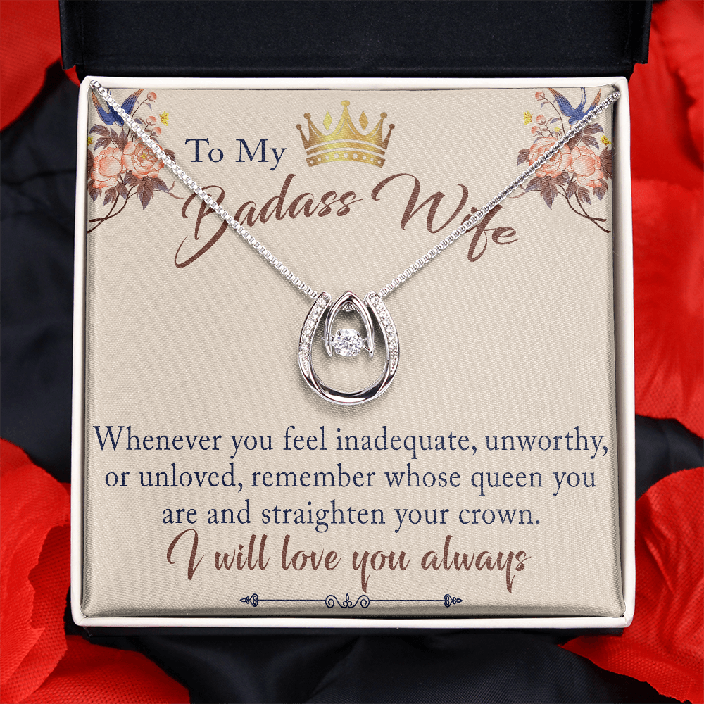 To My Badass Wife Gift - Lucky in Love Necklace With Inspirational Message Card for Valentine, Mother Day or any Special Occasion