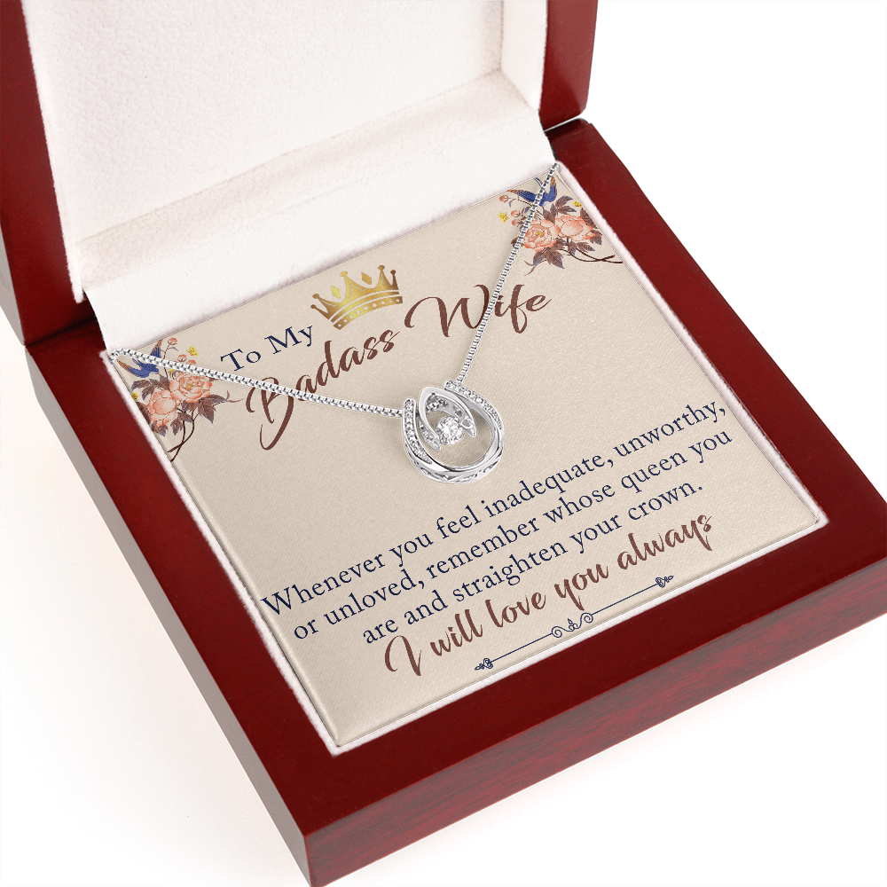 To My Badass Wife Gift - Lucky in Love Necklace With Inspirational Message Card for Valentine, Mother Day or any Special Occasion