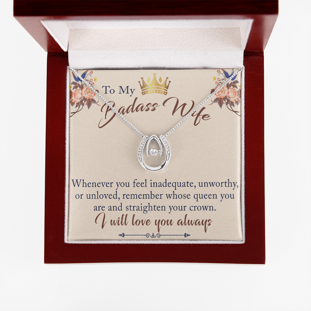 To My Badass Wife Gift - Lucky in Love Necklace With Inspirational Message Card for Valentine, Mother Day or any Special Occasion