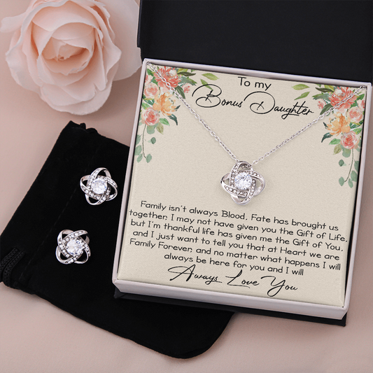 To My Bonus Daughter Love Gift - Love Knot Necklace and Earing Set for Daughter-in-law at Birthday, Wedding, Xmas or any Special Occasion