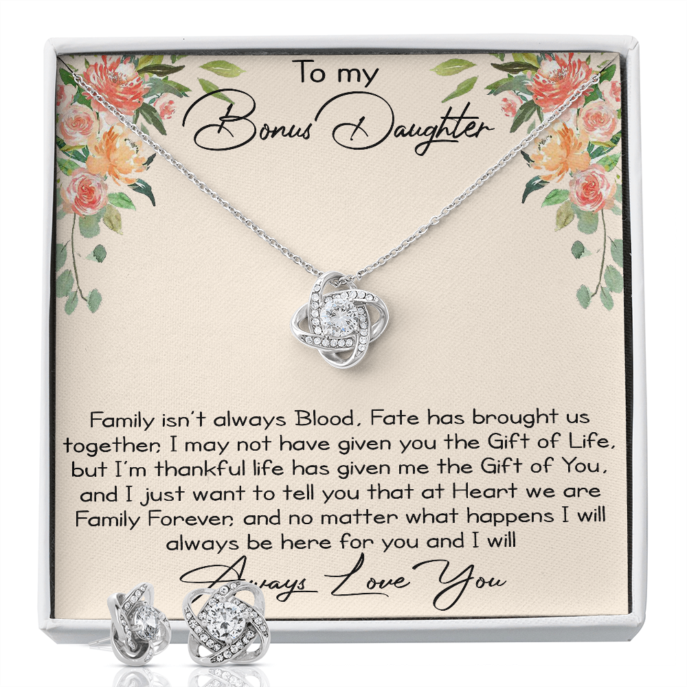 To My Bonus Daughter Love Gift - Love Knot Necklace and Earing Set for Daughter-in-law at Birthday, Wedding, Xmas or any Special Occasion