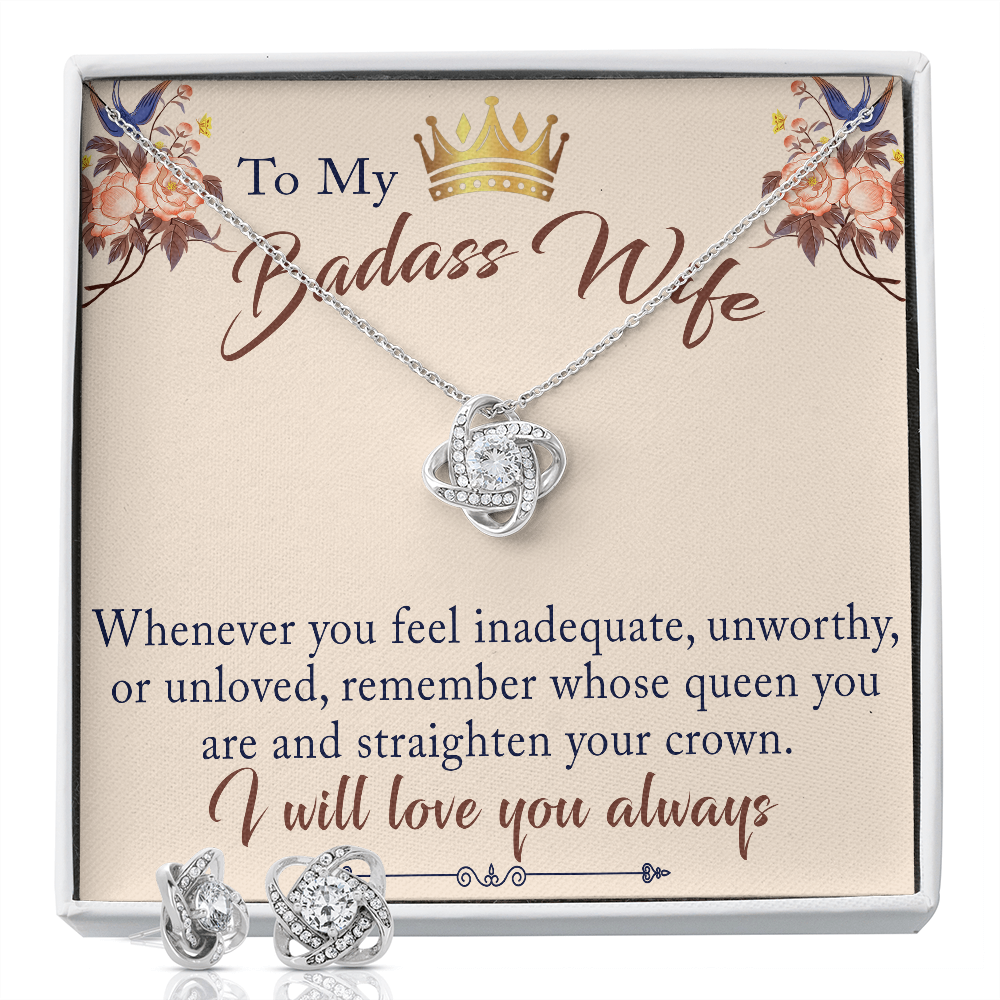 To My Badass Wife Gift - Luxury Love Knot Necklace for Valentine, Mother Day or any Special Occasion