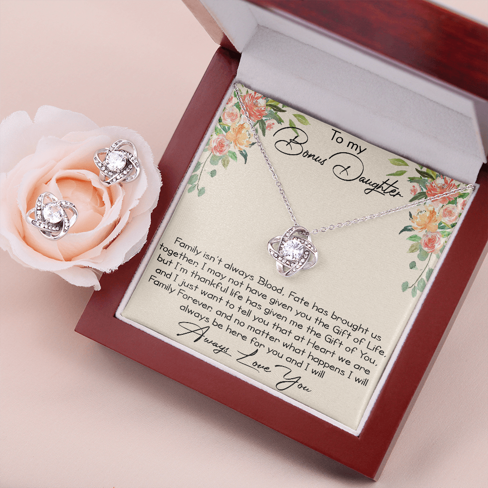 To My Bonus Daughter Love Gift - Love Knot Necklace and Earing Set for Daughter-in-law at Birthday, Wedding, Xmas or any Special Occasion