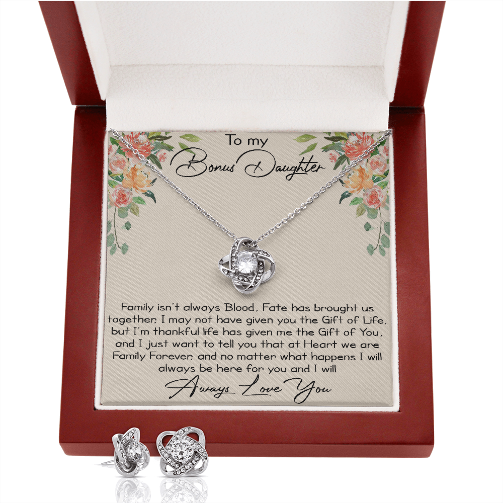 To My Bonus Daughter Love Gift - Love Knot Necklace and Earing Set for Daughter-in-law at Birthday, Wedding, Xmas or any Special Occasion