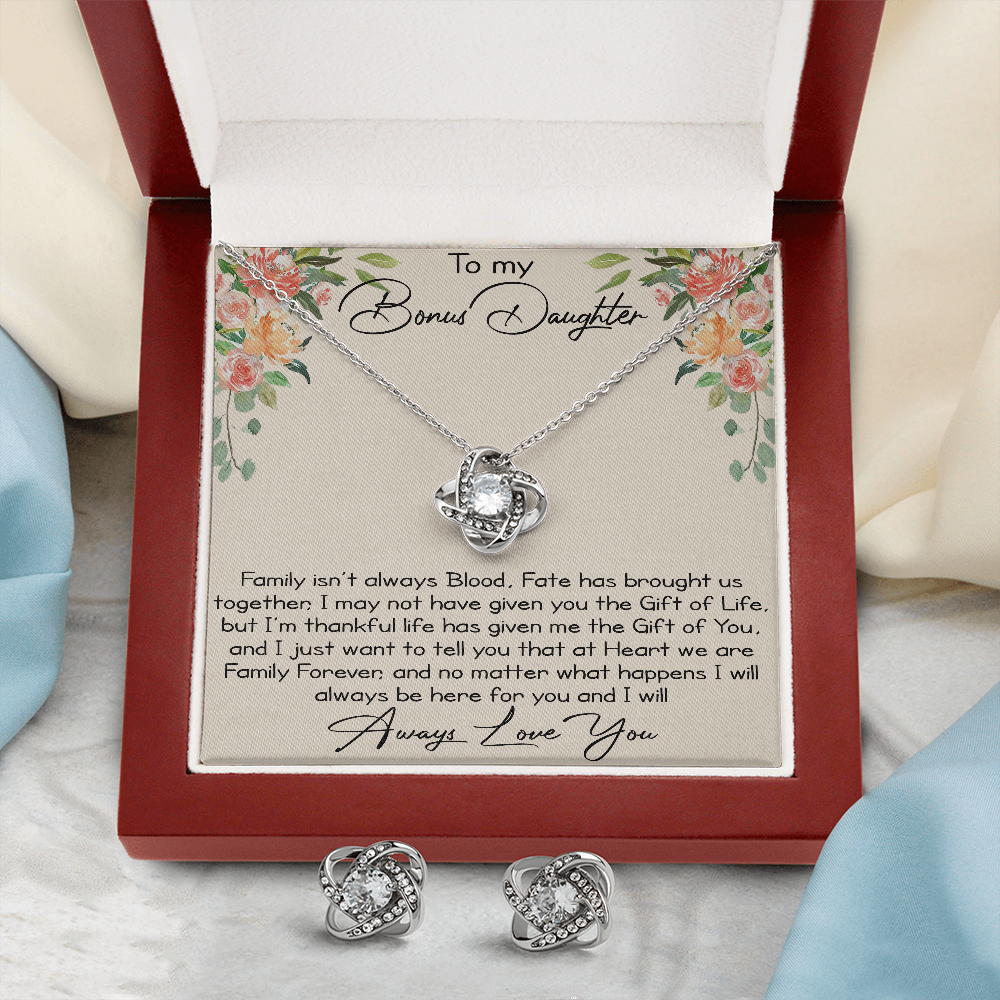 To My Bonus Daughter Love Gift - Love Knot Necklace and Earing Set for Daughter-in-law at Birthday, Wedding, Xmas or any Special Occasion