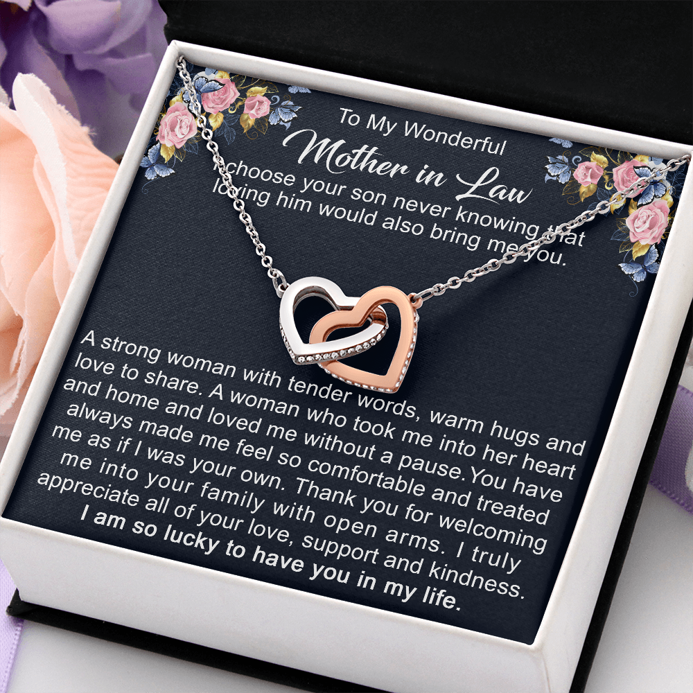 To My Mother in Law Interlock Heart Necklace from Daughter | Gift to Mother-in-Law for Christmas Birthday Mother's Day, Message Card to Mom-in-Law