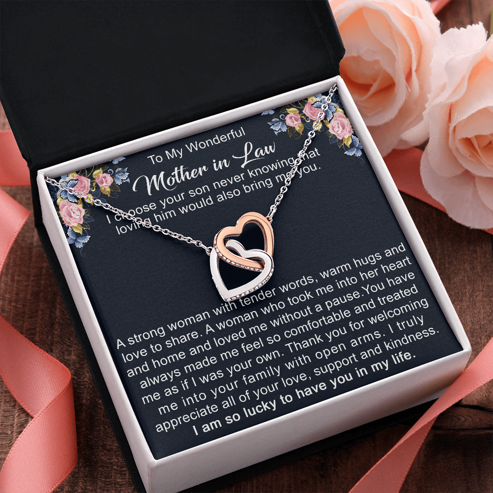 To My Mother in Law Interlock Heart Necklace from Daughter | Gift to Mother-in-Law for Christmas Birthday Mother's Day, Message Card to Mom-in-Law