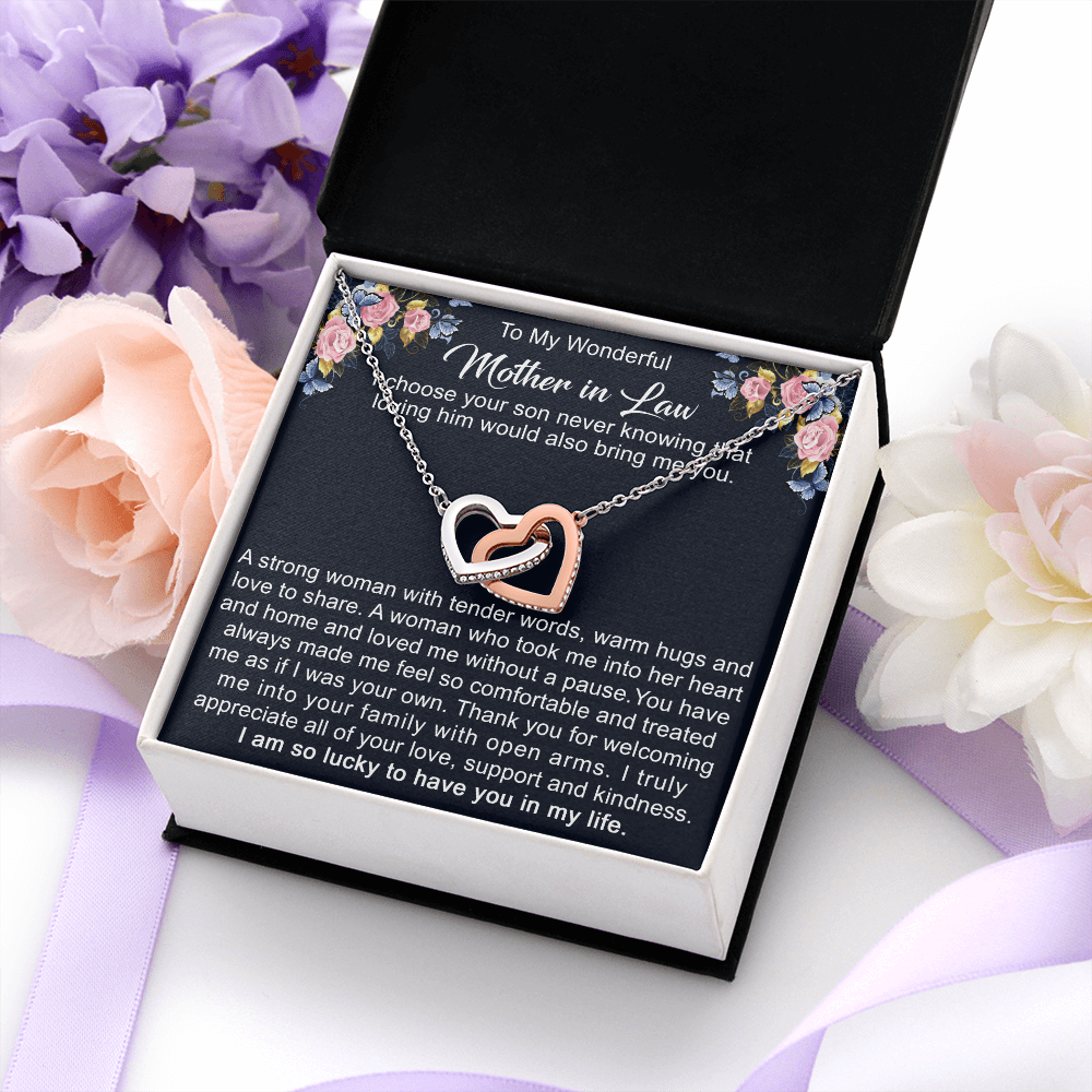 To My Mother in Law Interlock Heart Necklace from Daughter | Gift to Mother-in-Law for Christmas Birthday Mother's Day, Message Card to Mom-in-Law