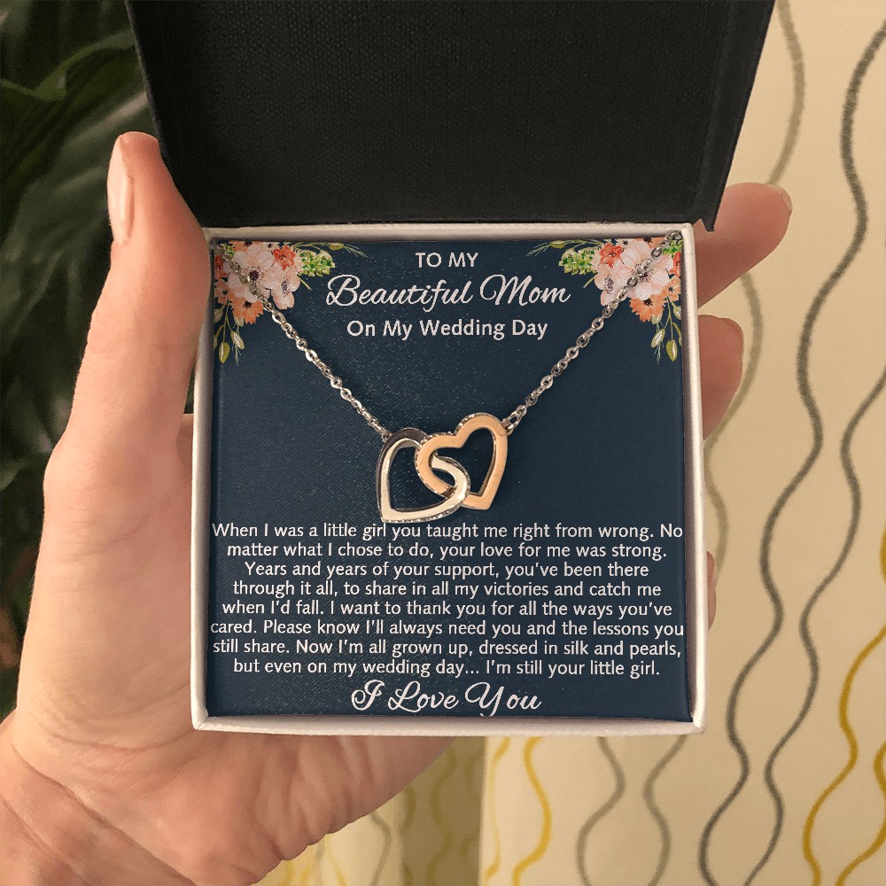 To My Beautiful Mom On My Wedding Gift - Interlock Heart Necklace with Inspirational Card Mother Of The Bride Gift From Daughter, Bride