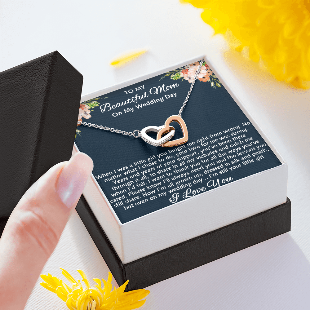 To My Beautiful Mom On My Wedding Gift - Interlock Heart Necklace with Inspirational Card Mother Of The Bride Gift From Daughter, Bride