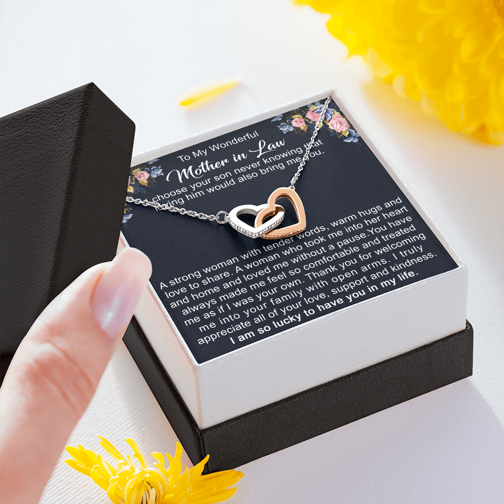 To My Mother in Law Interlock Heart Necklace from Daughter | Gift to Mother-in-Law for Christmas Birthday Mother's Day, Message Card to Mom-in-Law