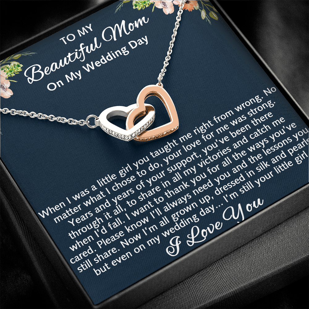 To My Beautiful Mom On My Wedding Gift - Interlock Heart Necklace with Inspirational Card Mother Of The Bride Gift From Daughter, Bride