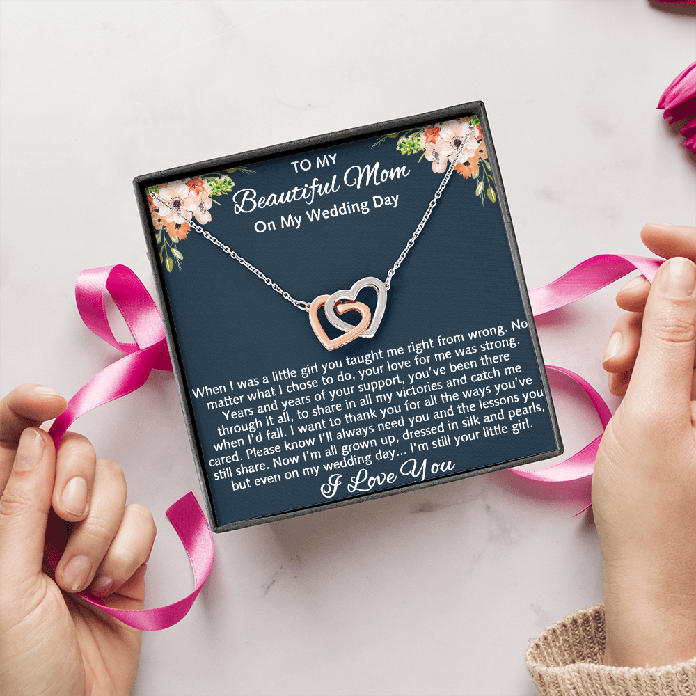 To My Beautiful Mom On My Wedding Gift - Interlock Heart Necklace with Inspirational Card Mother Of The Bride Gift From Daughter, Bride