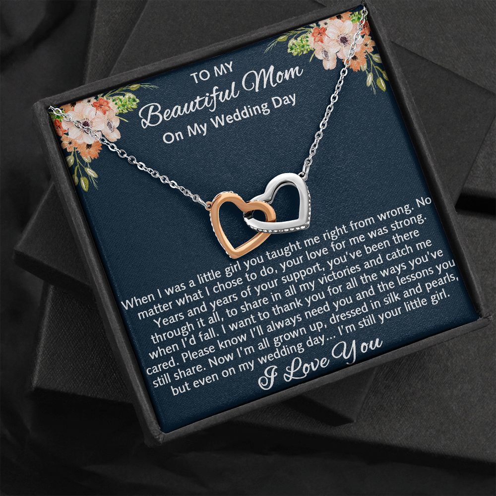 To My Beautiful Mom On My Wedding Gift - Interlock Heart Necklace with Inspirational Card Mother Of The Bride Gift From Daughter, Bride