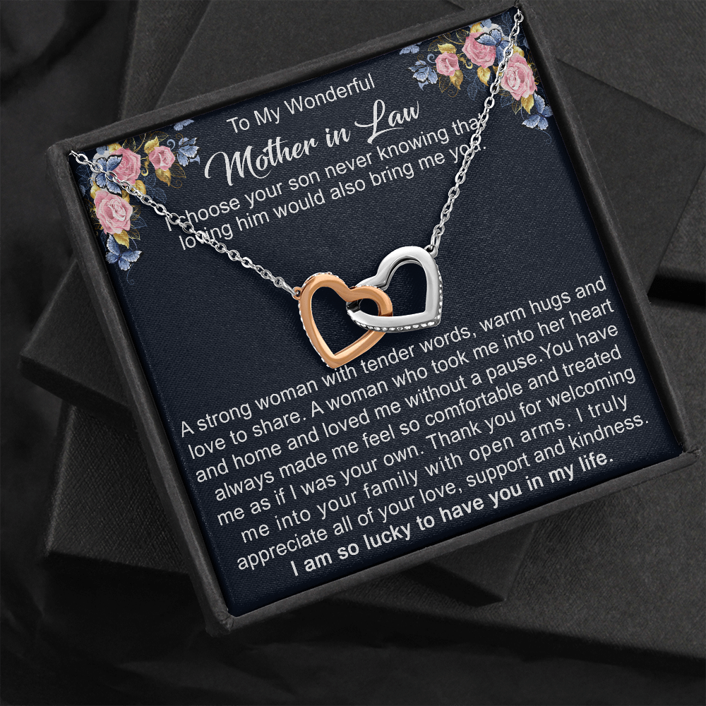 To My Mother in Law Interlock Heart Necklace from Daughter | Gift to Mother-in-Law for Christmas Birthday Mother's Day, Message Card to Mom-in-Law
