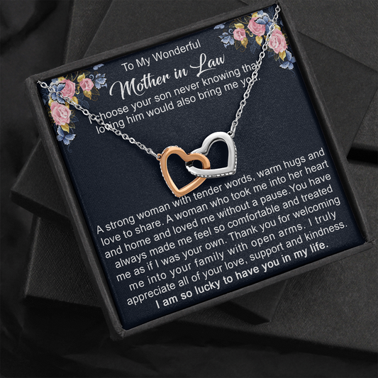 To My Mother in Law Interlock Heart Necklace from Daughter | Gift to Mother-in-Law for Christmas Birthday Mother's Day, Message Card to Mom-in-Law