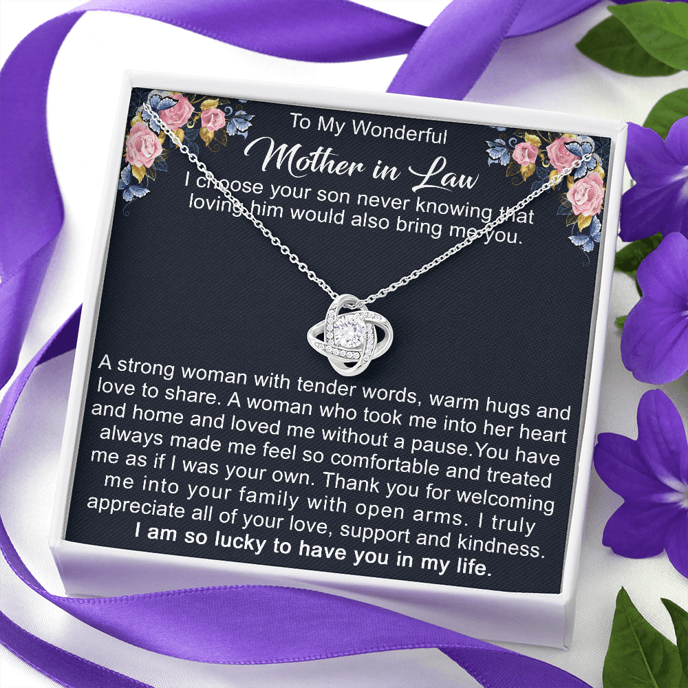 To My Boyfriend's Mom Love Knot Necklace - Mother in Law Jewelry Gift for Christmas, Birthday & Mother's Day, Message Card to Boyfriend Mother