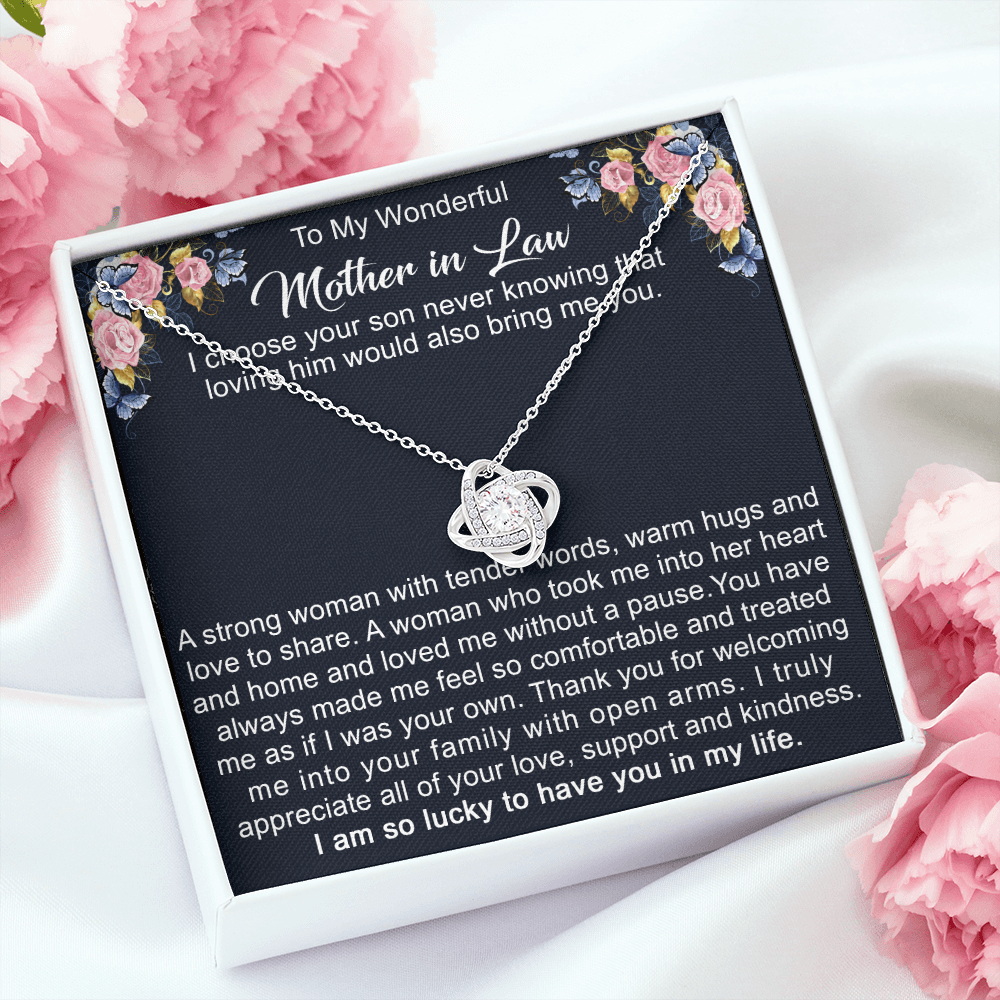 To My Boyfriend's Mom Love Knot Necklace - Mother in Law Jewelry Gift for Christmas, Birthday & Mother's Day, Message Card to Boyfriend Mother