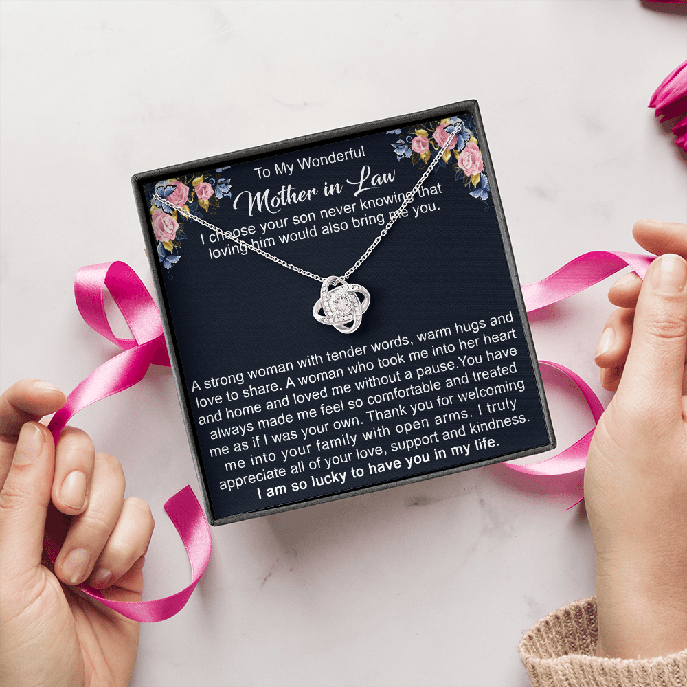 To My Boyfriend's Mom Love Knot Necklace - Mother in Law Jewelry Gift for Christmas, Birthday & Mother's Day, Message Card to Boyfriend Mother