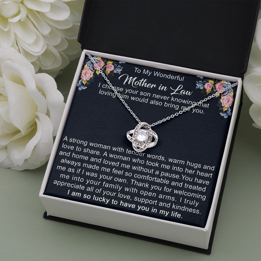 To My Boyfriend's Mom Love Knot Necklace - Mother in Law Jewelry Gift for Christmas, Birthday & Mother's Day, Message Card to Boyfriend Mother
