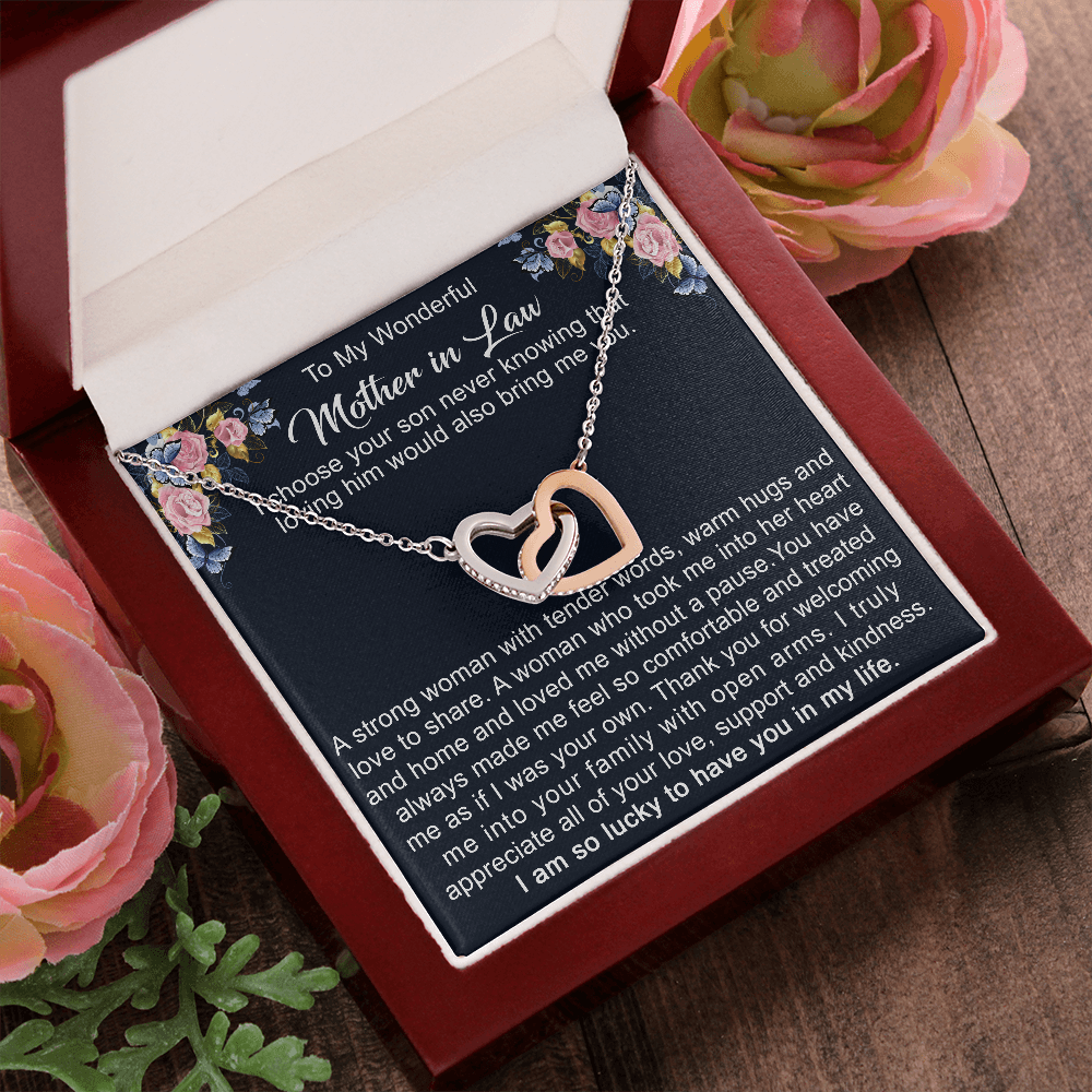 To My Mother in Law Interlock Heart Necklace from Daughter | Gift to Mother-in-Law for Christmas Birthday Mother's Day, Message Card to Mom-in-Law