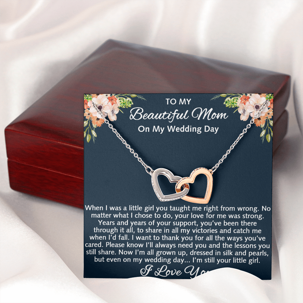 To My Beautiful Mom On My Wedding Gift - Interlock Heart Necklace with Inspirational Card Mother Of The Bride Gift From Daughter, Bride
