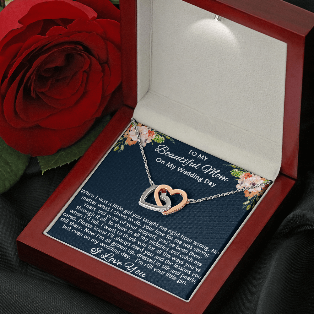 To My Beautiful Mom On My Wedding Gift - Interlock Heart Necklace with Inspirational Card Mother Of The Bride Gift From Daughter, Bride