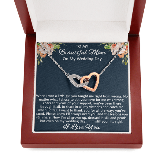 To My Beautiful Mom On My Wedding Gift - Interlock Heart Necklace with Inspirational Card Mother Of The Bride Gift From Daughter, Bride